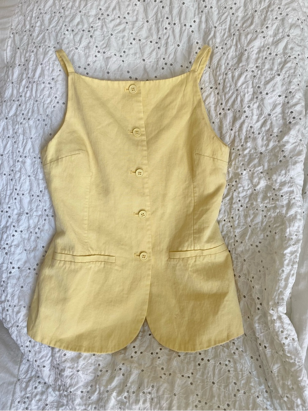 Zara Yellow Button-Front Linen-Blend Tank Top